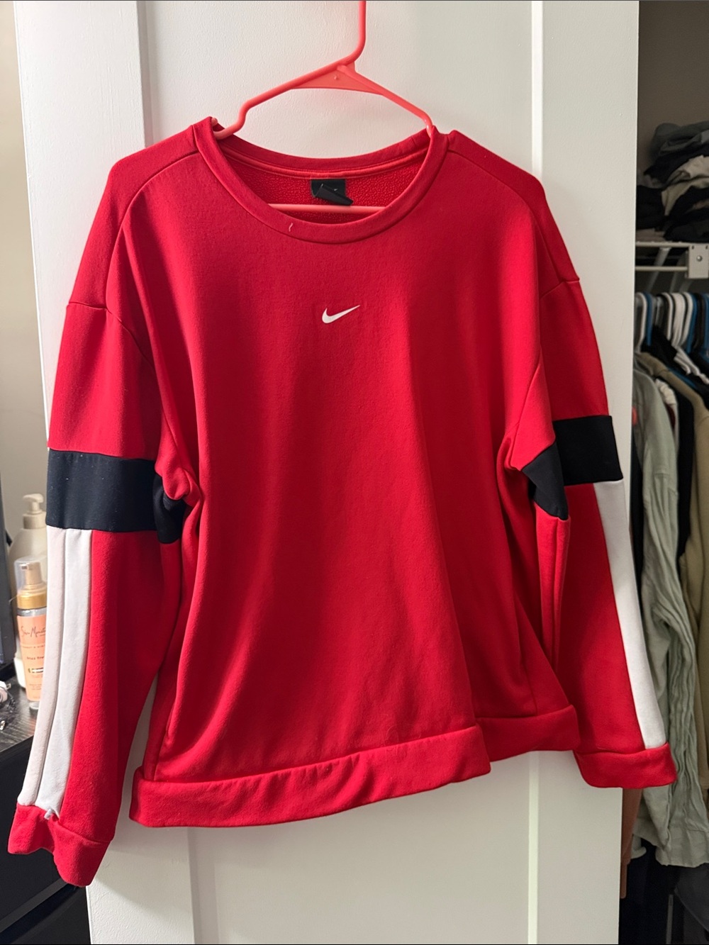 Nike Men’s Red Crewneck Sweatshirt with Black and White Sleeve Accents